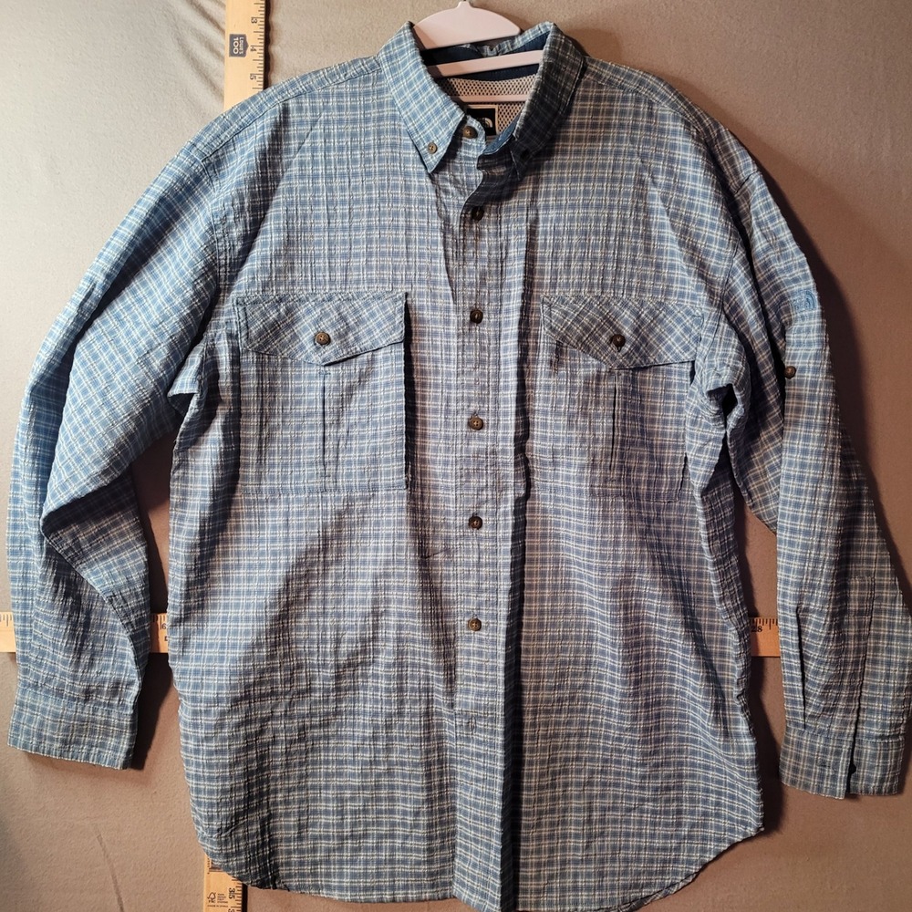 The North Face Mens Medium Blue Plaid Ventilated Hiking Shirt Long Sleeve